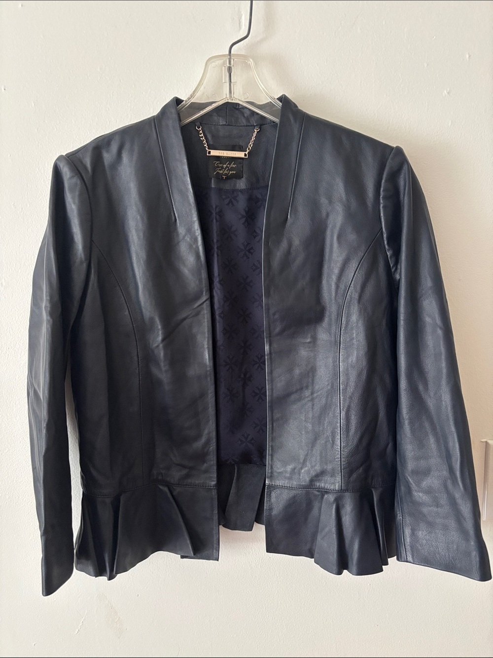 Ted Baker Febbe Peplum Leather Jacket Navy Blue Collarless Ruffle Size 2 US 4/6